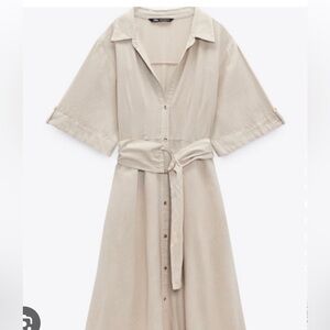 Zara Neutral Beige Shirt Midi Dress with Ring Belt